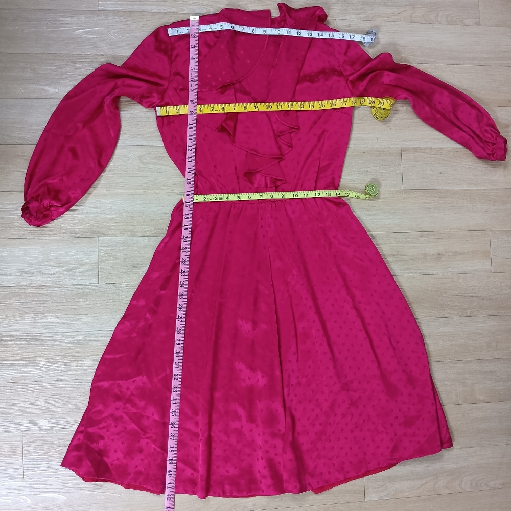 SOLD Vintage 80s Womens Sz L Fushia Silk Ruffle Collar Long Sleeve Dress - Picture 5 of 6